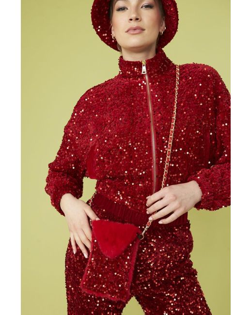 Jayley Red Sequin Cropped Biker Jacket