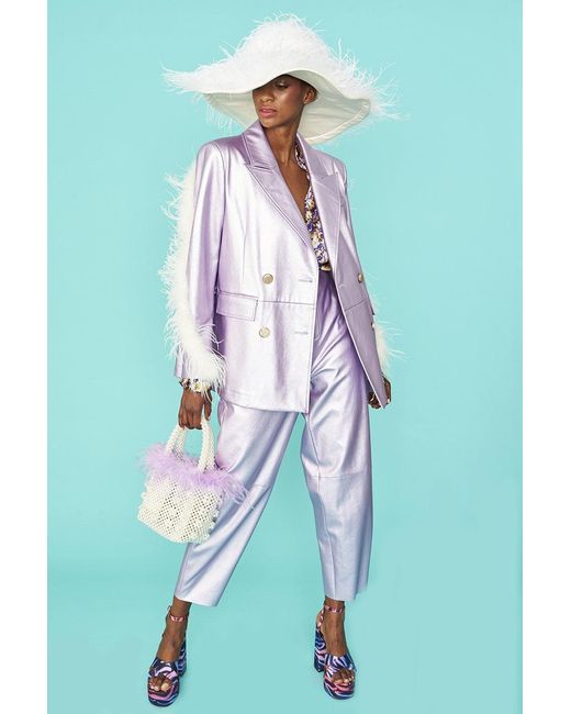 Jayley Blue Faux Leather Blazer With Feather Details