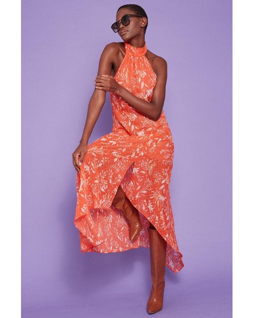 Jayley Brown Silk Blend Halter Neck Floral Dress