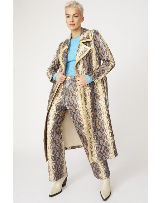 Jayley Natural Faux Leather Snake Print Trench Coat