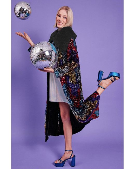 Jayley Purple Sequin Velvet Trench Coat With Faux Fur Collar Size