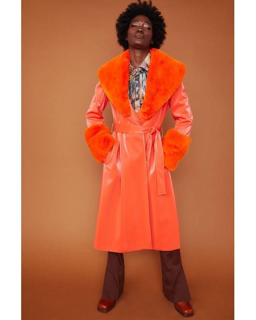 Jayley Orange Trench Style Belted Coat With Faux Fur Cuffs And Collar