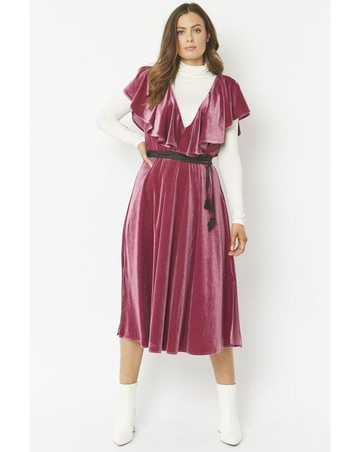 Jayley Red Frill Front Velvet Skater Midi Dress