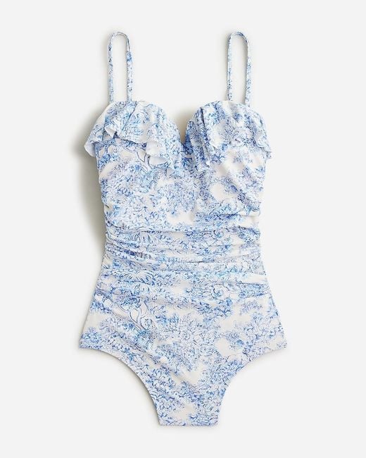 J.Crew Blue Ruched Sweetheart One-Piece Swimsuit With Ruffles
