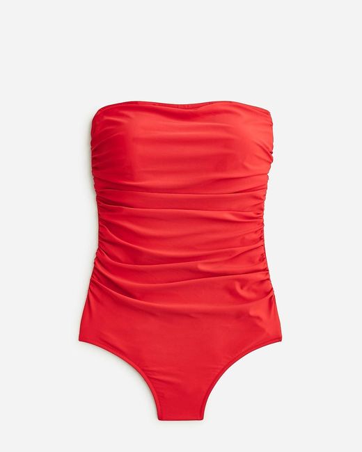 J.Crew Red Ruched Bandeau One-piece Swimsuit In Pansy Floral