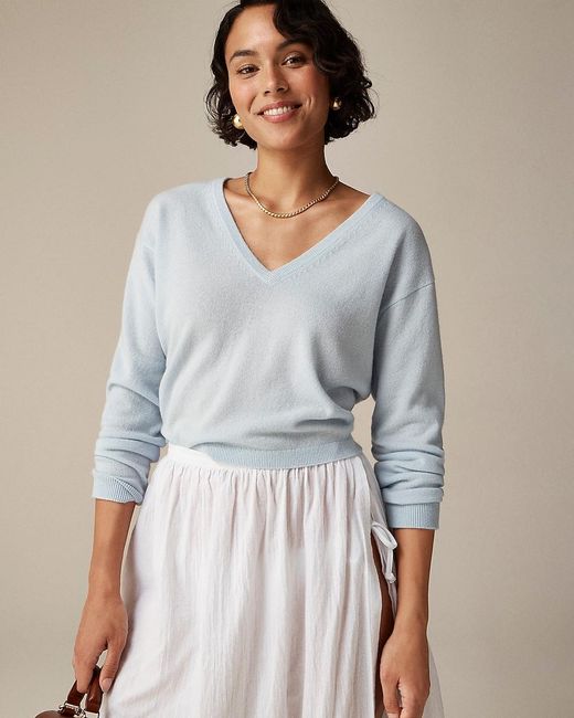 J.Crew Blue Cashmere Relaxed Cropped V-Neck Sweater