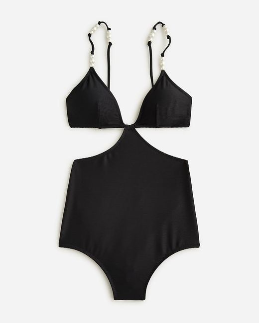 J.Crew Black Ribbed Cutout One-Piece Swimsuit With Pearls