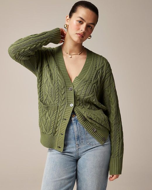 J.Crew Green Cable-Knit Cardigan Sweater