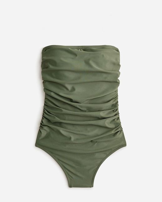 J.Crew Green Ruched Bandeau One-piece Swimsuit In Pansy Floral