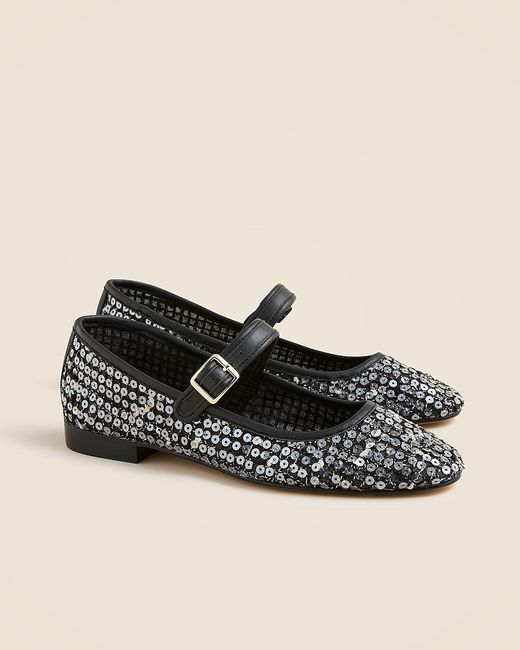 J.Crew Black Mesh Mary Jane Ballet Flats With Sequins