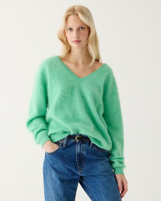 J.Crew Green Brushed Cashmere Relaxed V-Neck Sweater