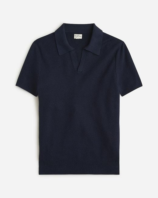 J.Crew Blue Short-Sleeve Cotton Mesh-Stitch Johnny-Collar Sweater-Polo for men