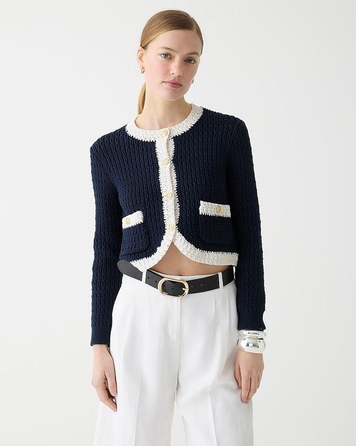 J.Crew Blue Cropped Sweater Lady Jacket With Contrast Trim