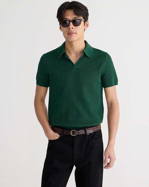 J.Crew Green Short-Sleeve Cotton Mesh-Stitch Johnny-Collar Sweater-Polo for men