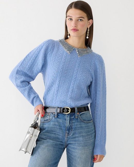 J.Crew Blue Pointelle Cable-Knit Crewneck With Beaded Collar
