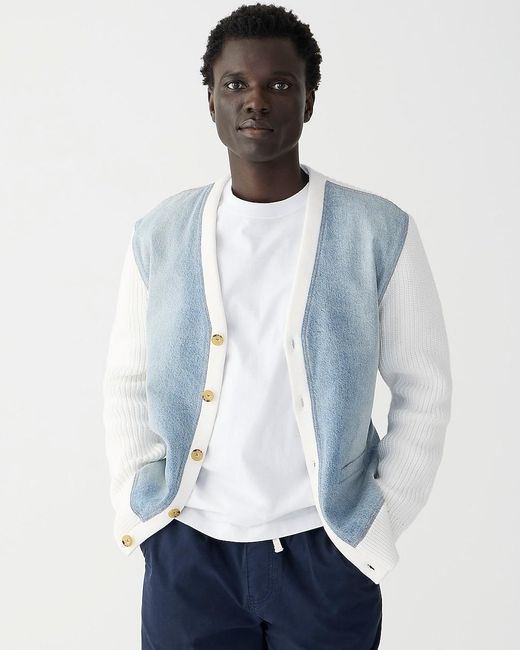 J.Crew Blue Cotton Shaker-Stitch Cardigan Sweater With Denim Panels for men