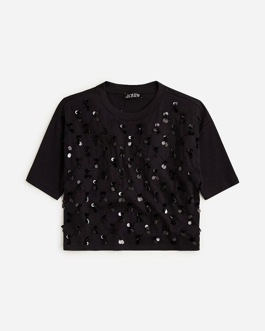J.Crew Black Broken-In Jersey Cropped T-Shirt With Patterned Sequins