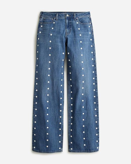 J.Crew Blue Lower-Rise Wide-Leg Jean With Pearls