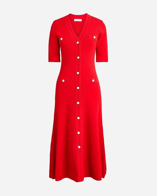 J.Crew Red Elbow-Sleeve Button-Up Sweater-Dress