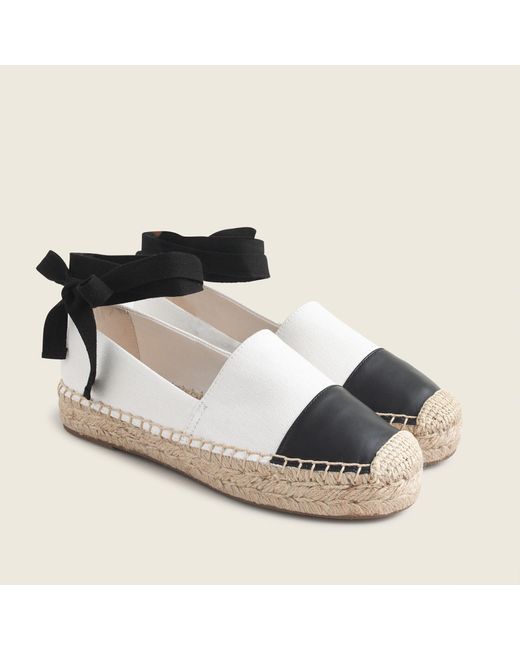 J.Crew White Canvas Espadrille Flats With Leather Cap Toe