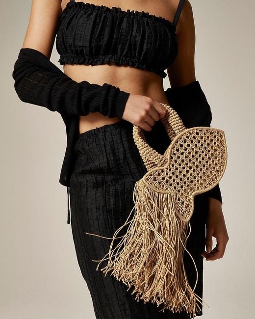 J.Crew Black Handknotted Raffia Fish Bag With Straw Fringe