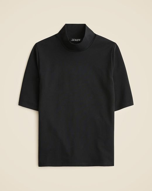 J.Crew Black Stretch Cotton-Blend Mockneck Elbow-Sleeve T-Shirt