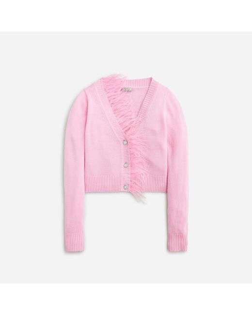 J.Crew Pink Feather-trim Cropped Cardigan Sweater With Jewel Buttons