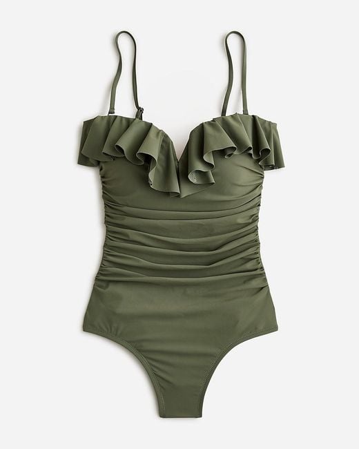 J.Crew Green Matte Ruched One-Piece Swimsuit With Ruffles
