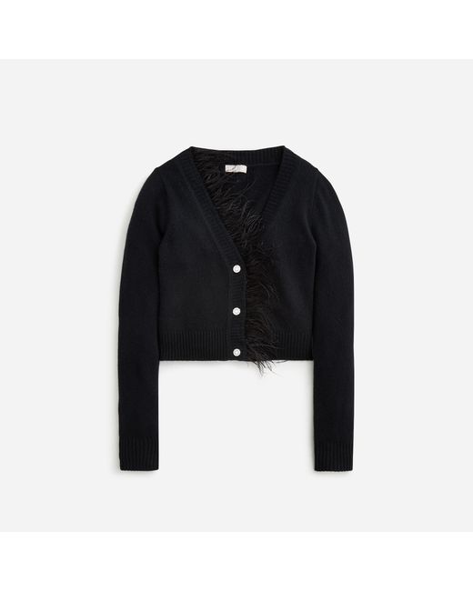 J.Crew Black Feather-Trim Cropped Cardigan Sweater With Jewel Buttons