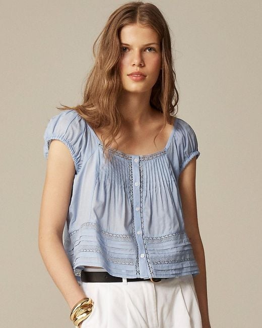 J.Crew Blue Cap-Sleeve Lace-Trim Top