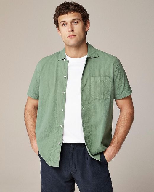 J.Crew Green Short-Sleeve Garment-Dyed Seersucker Camp-Collar Shirt for men