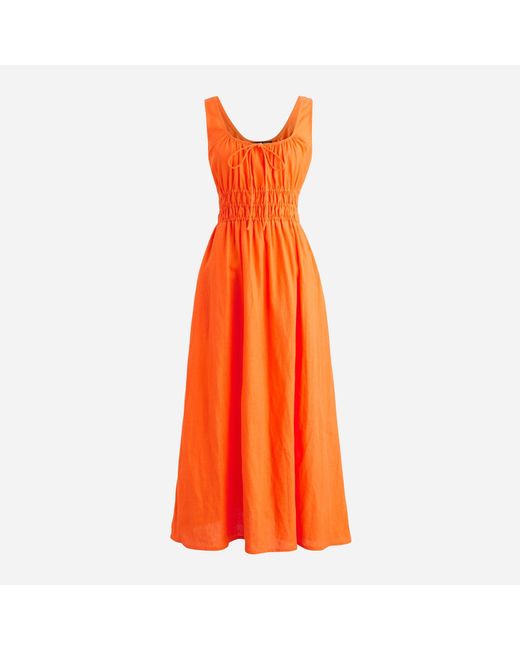 J.Crew Orange Smocked Midi Dress In Linen