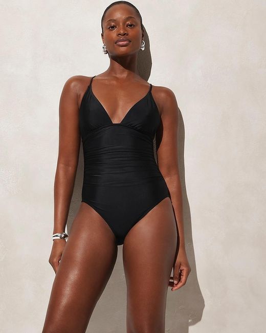 J.Crew Black Ruched Plunge One-Piece Swimsuit