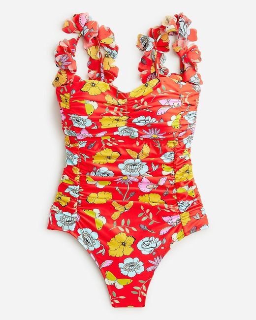 J.Crew Red Dauphinette X Ruched Flower-Strap One-Piece Swimsuit