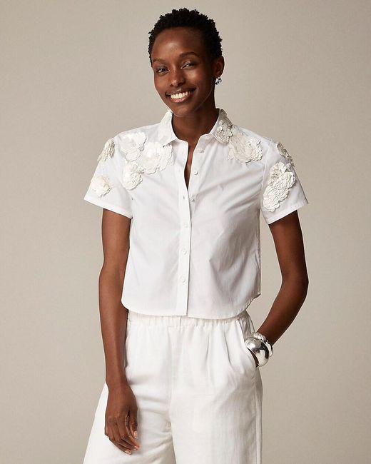 J.Crew White Collection Cropped Button-Up Shirt With Floral Appliqués