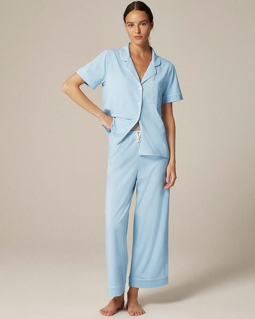 J.Crew Blue Dreamy Cotton-Blend Short-Sleeve Pajama Pant Set