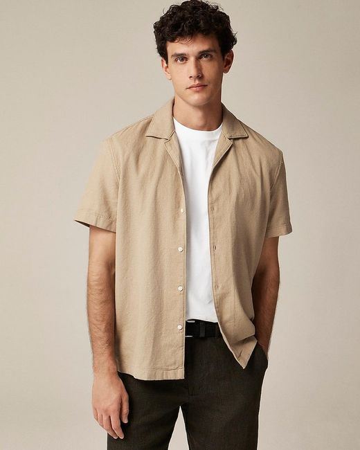 Men's Natural Short-Sleeve Textured Cotton Camp-Collar Shirt
