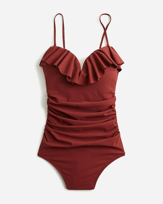 J.Crew Red Matte Ruched One-Piece Swimsuit With Ruffles
