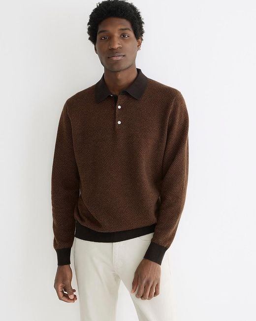 J.Crew Brown Cashmere Herringbone Jacquard Collared Sweater for men