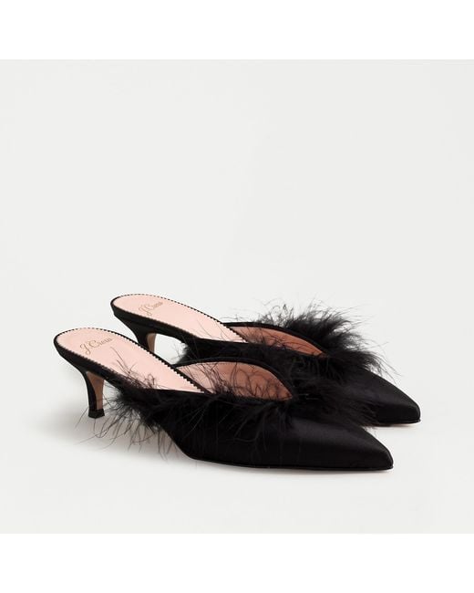 J.Crew Black Sophia Kitten Heels In Satin With Feather Detail