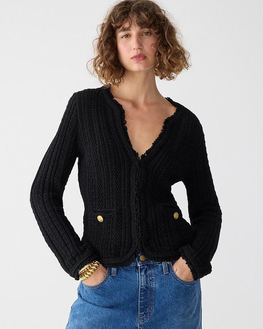 J.Crew Blue Textured Cable-Knit Lady Jacket With Fringe