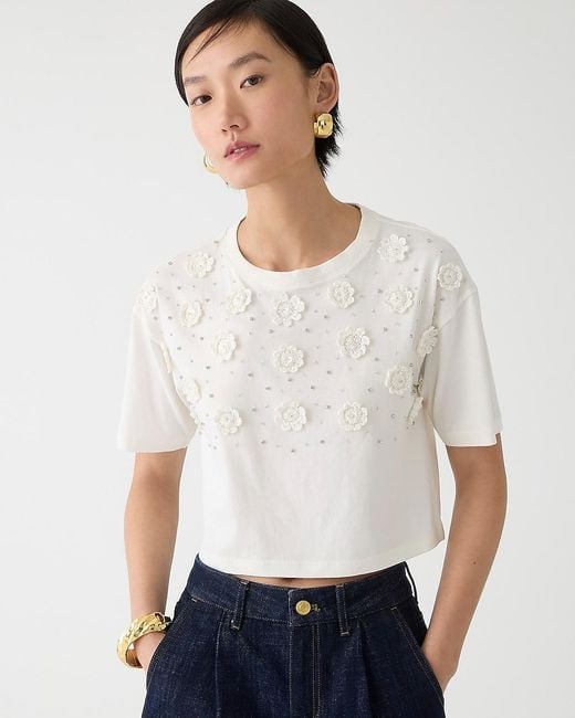J.Crew White Cropped T-Shirt With Crochet Floral Appliqués