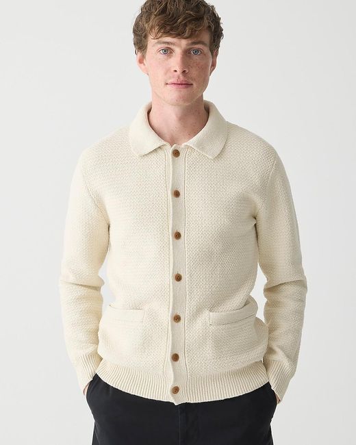 J.Crew Natural Cotton Tuck-Stitch Cardigan-Polo Sweater for men