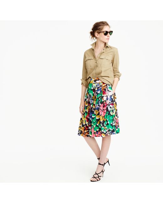 J.Crew Multicolor Petite Double-pleated Midi Skirt In Colorful Brushstroke Print