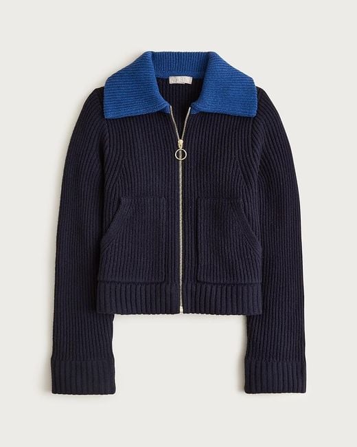 J.Crew Blue Colorblock Collared Full-Zip Sweater