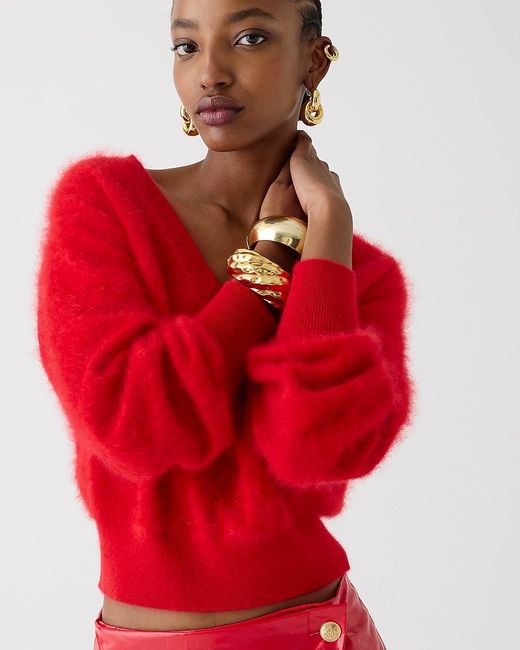 J.Crew Red Brushed Cashmere Cropped V-Neck Sweater