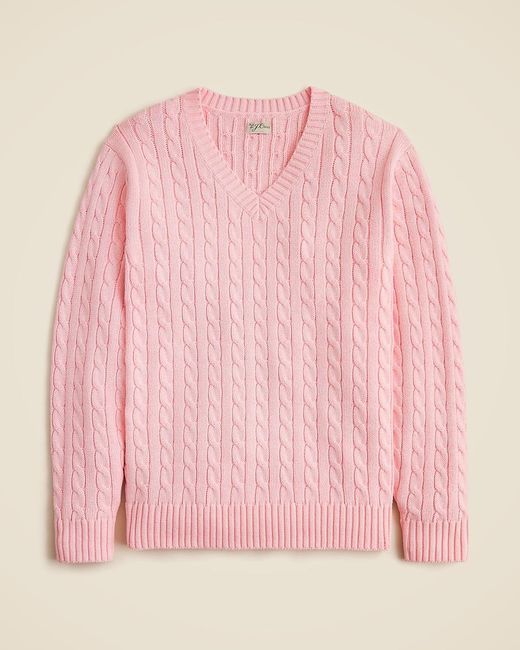 Men's Pink Cotton Cable-Knit V-Neck Sweater