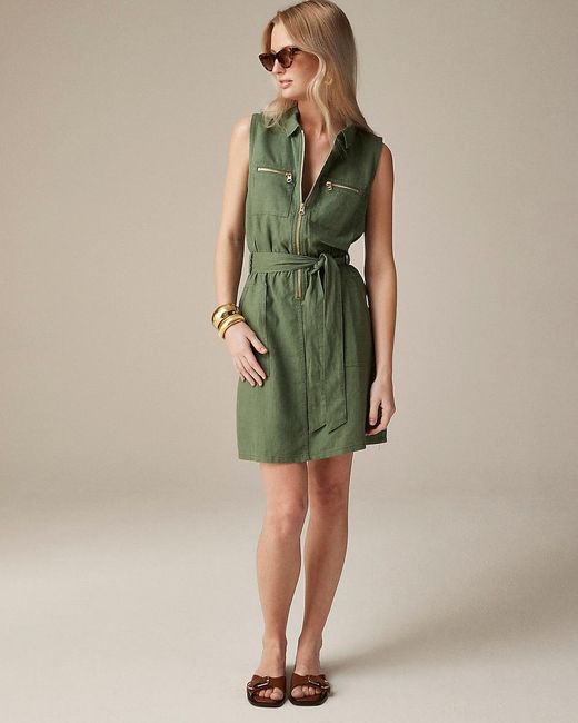 J.Crew Green Zip-Front Linen-Blend Dress