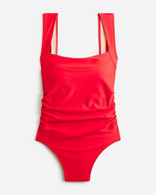J.Crew Red Long-Torso Ruched Squareneck One-Piece Swimsuit
