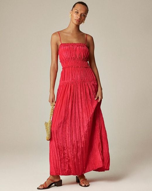 J.Crew Crinkled Ruffle-Trim Dress in Red | Lyst